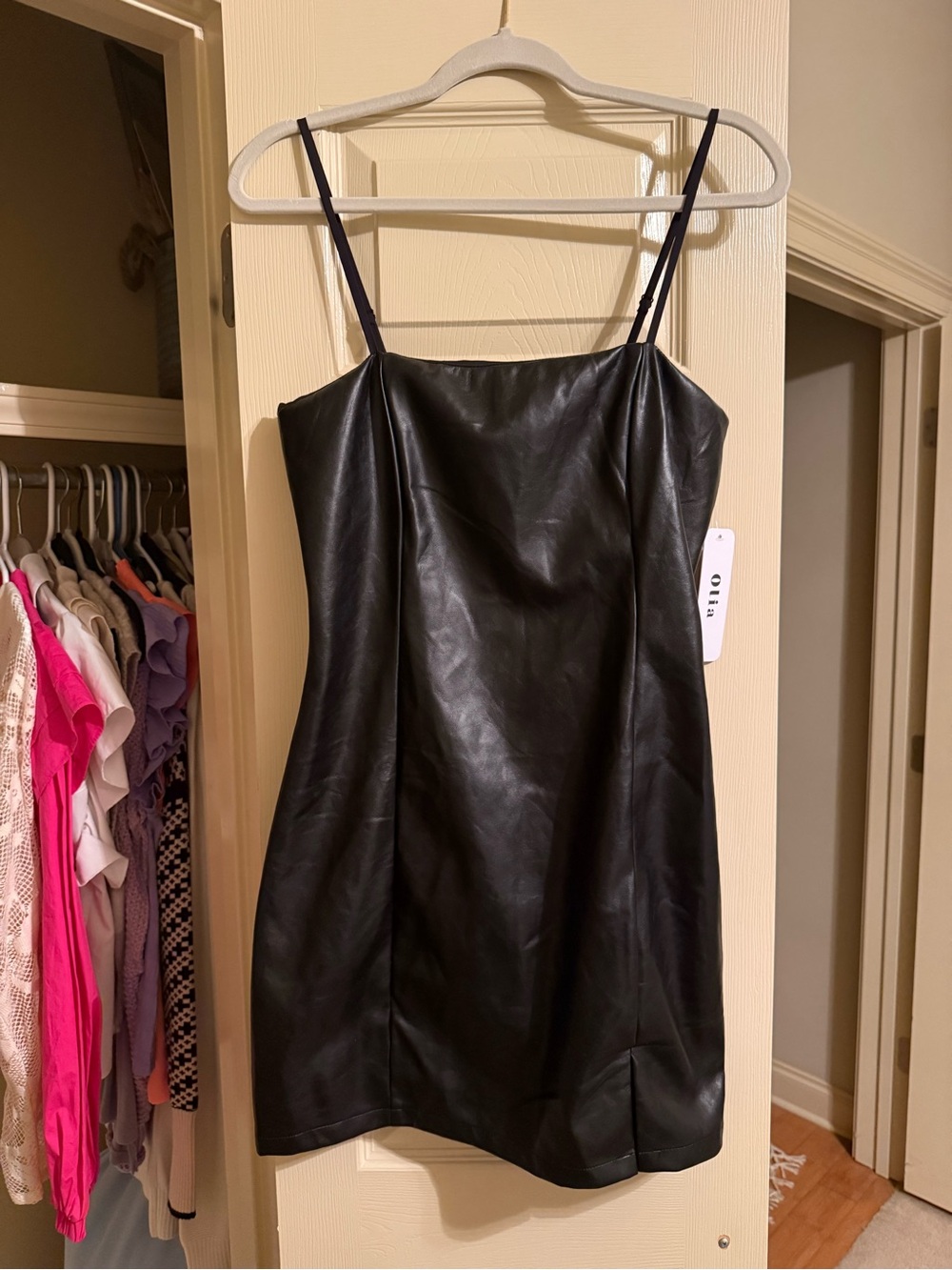 Black Faux Leather Mini Dress with Spaghetti Straps